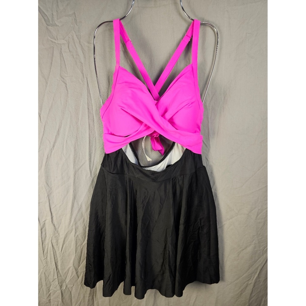 B2PRITY Women Hot Pink Black Twist Front One Piece Swimsuit Size L NWT